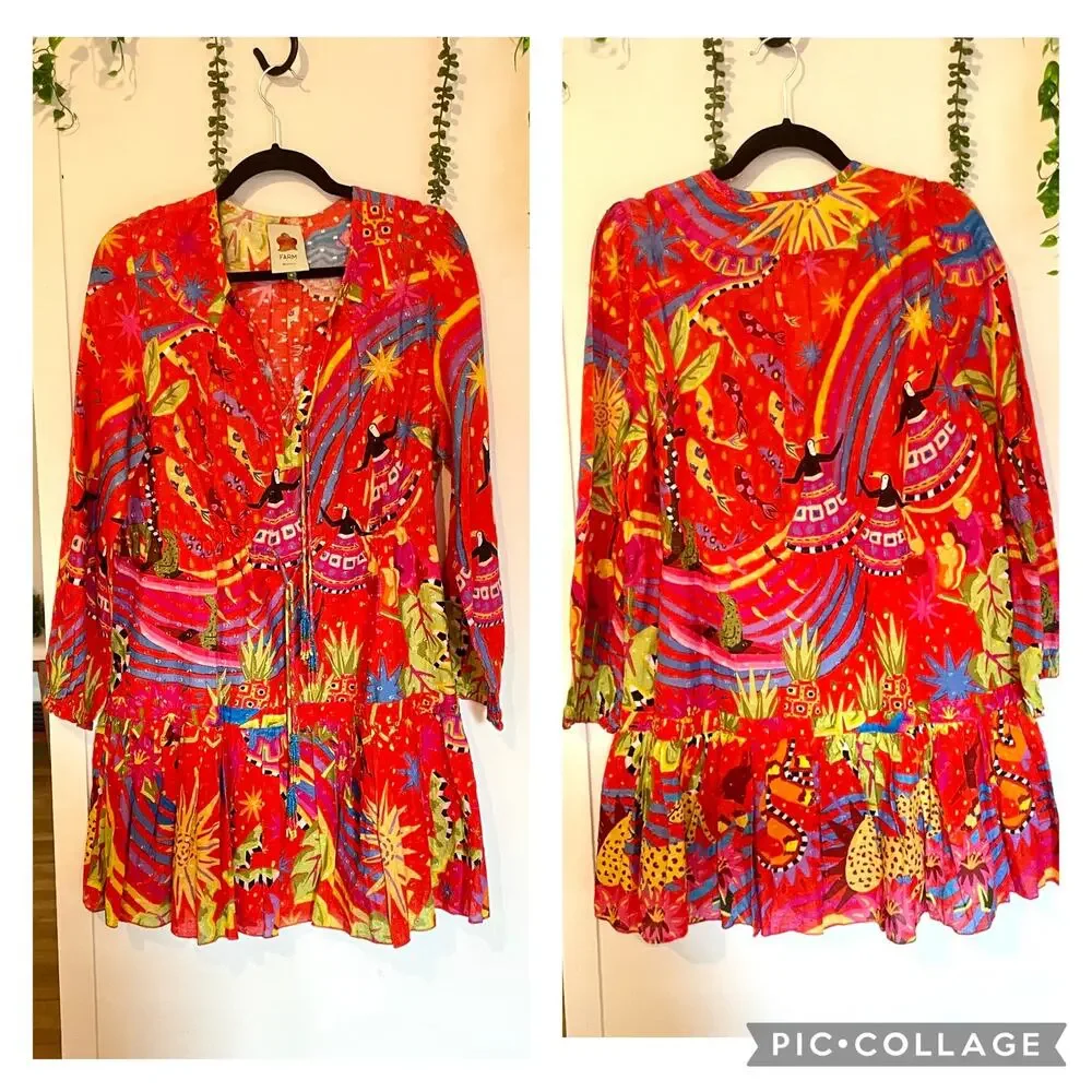 Farm Rio Magic Forest Cotton Mini Dress V-Neck Long Sleeve Beaded Tassels sz M - Picture 8 of 16